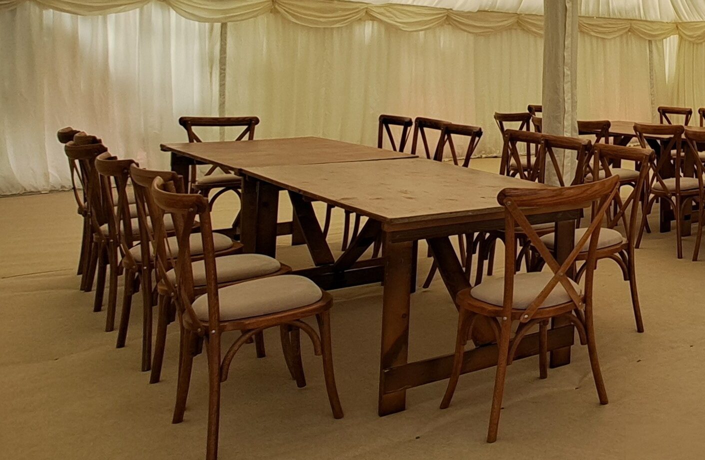 Rustic Tables, Crossback chairs, new cream carpet